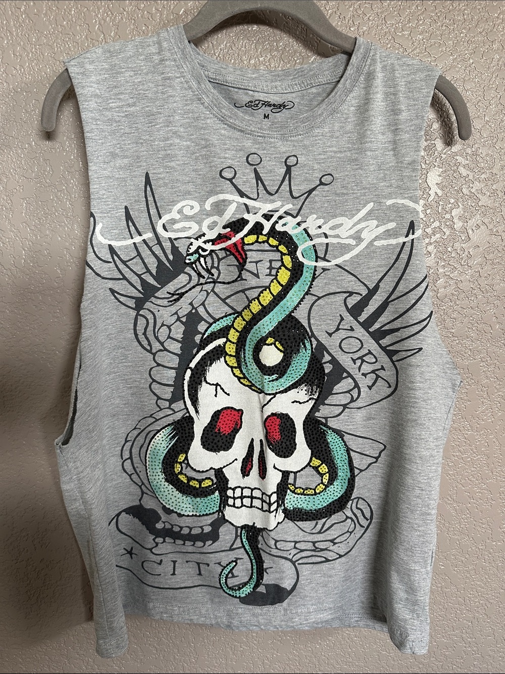 Ed Hardy Gray Muscle Tee with Skull & Teal Snake Graphic